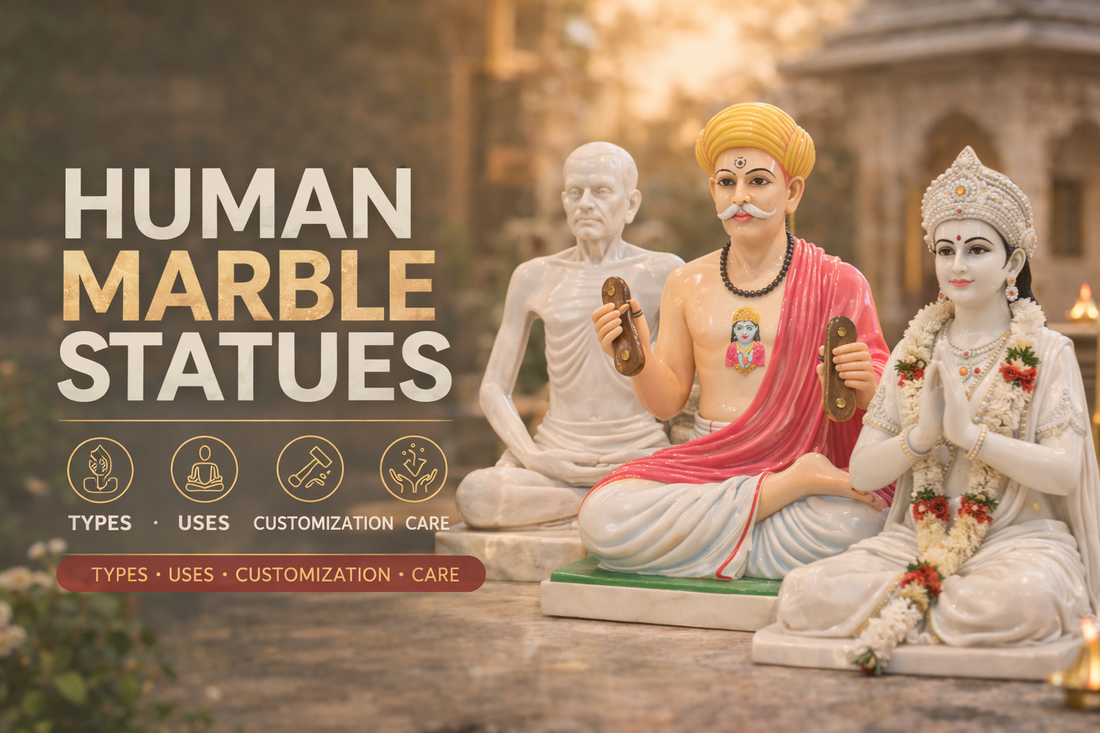 Human marble statues including saint figure, traditional guru idol and devotional female murti in white marble
