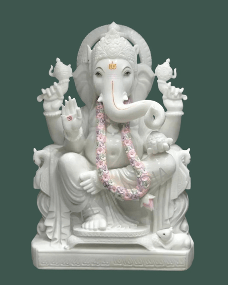 White Marble Ganesh Murti with Garland – Handcrafted Ganpati Idol for Home & Temple Collection | Salvik India