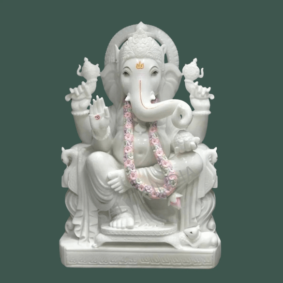 White Marble Ganesh Murti with Garland – Handcrafted Ganpati Idol for Home & Temple Collection | Salvik India