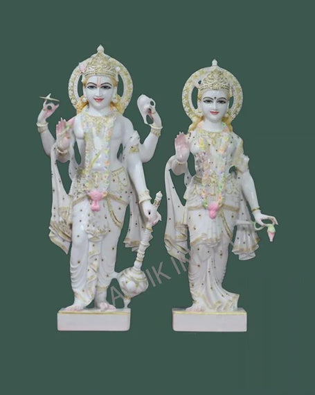 Laxmi Narayan Marble Murti handcrafted in pure Makrana marble by Salvik India, Jaipur — Vishnu and Lakshmi idol for home temple