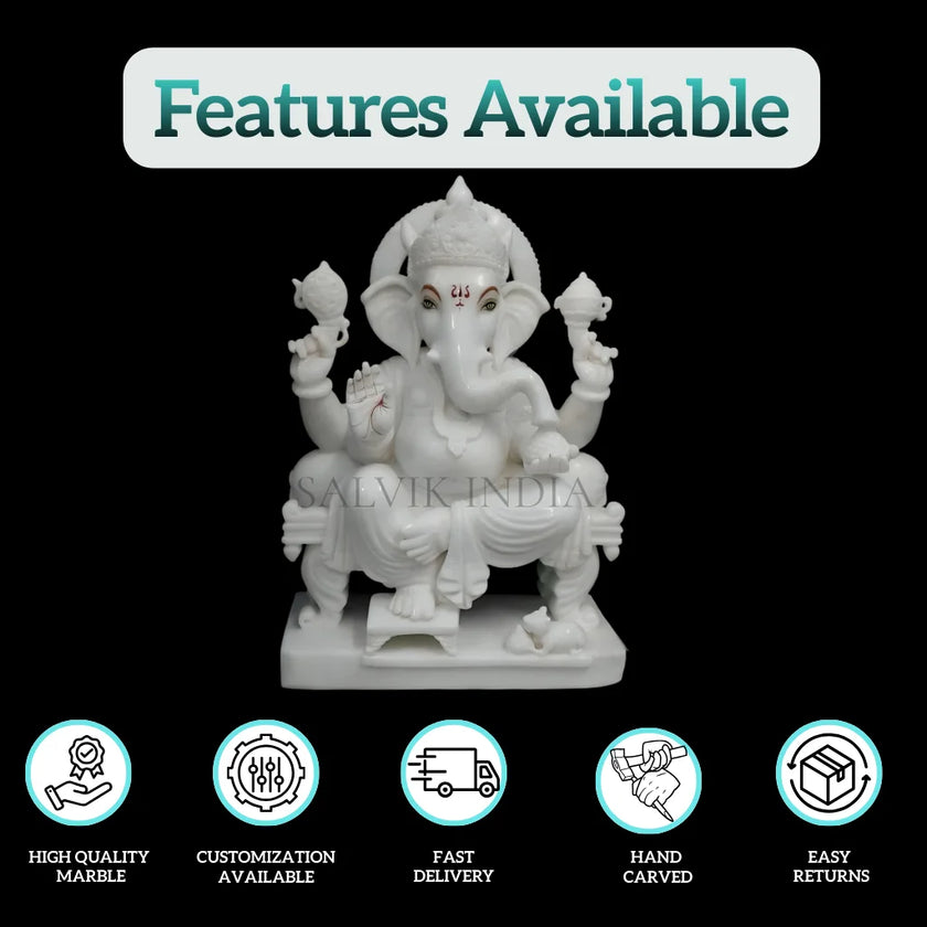White Marble Ganesh Idol – Pure Makrana Ganpati Murti for Home & Temple