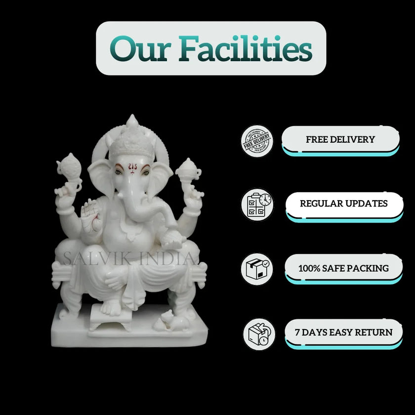 White Marble Ganesh Idol – Pure Makrana Ganpati Murti for Home & Temple