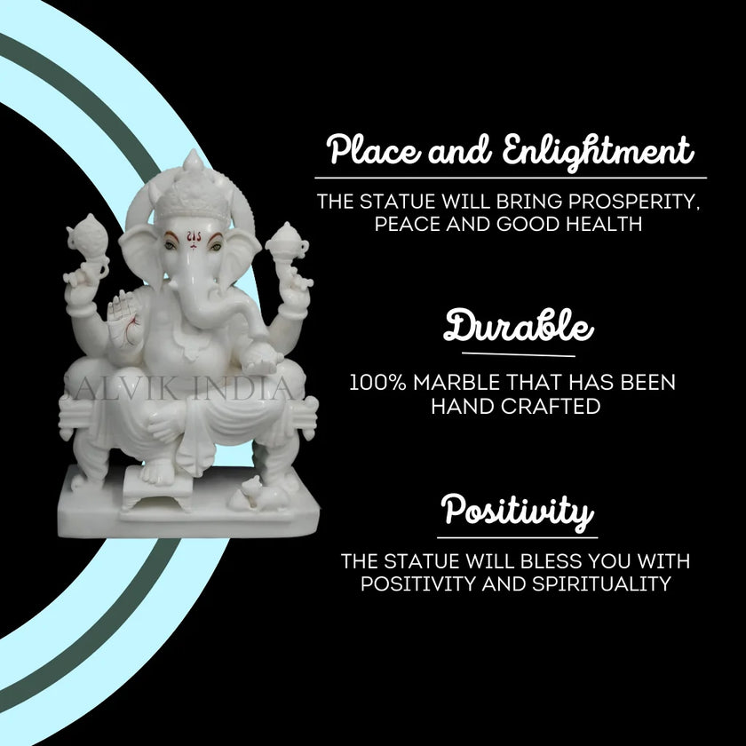 White Marble Ganesh Idol – Pure Makrana Ganpati Murti for Home & Temple