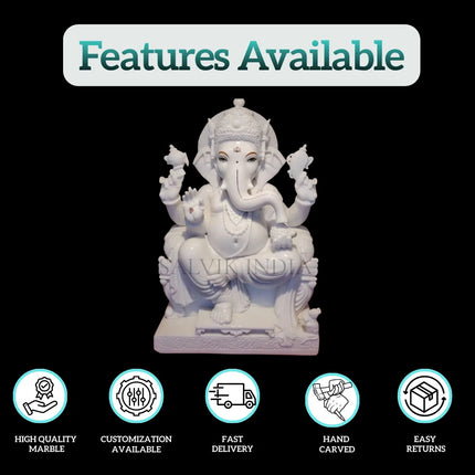 White Makrana Marble Ganesh Statue – 18 Inch Ganpati Idol Sitting on Chowki