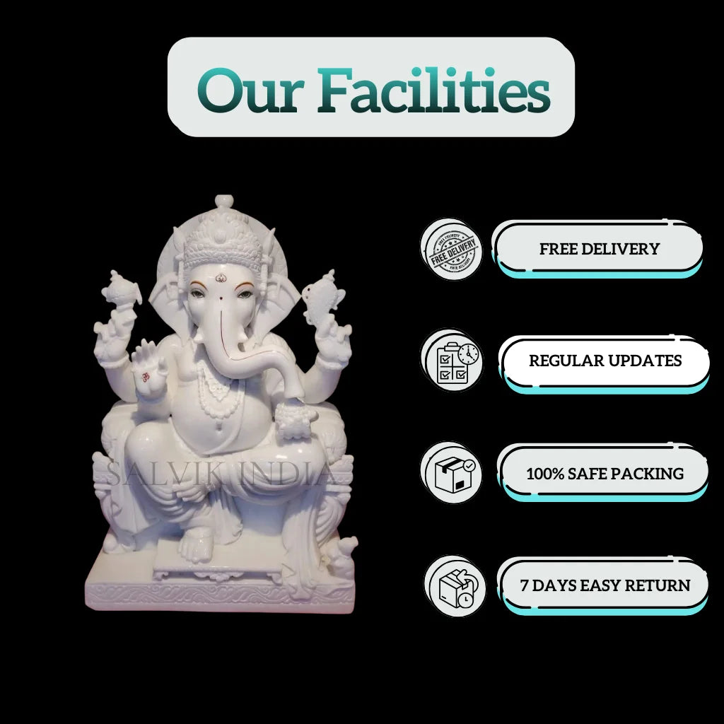 White Makrana Marble Ganesh Statue – 18 Inch Ganpati Idol Sitting on Chowki