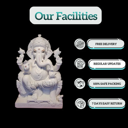 White Makrana Marble Ganesh Statue – 18 Inch Ganpati Idol Sitting on Chowki