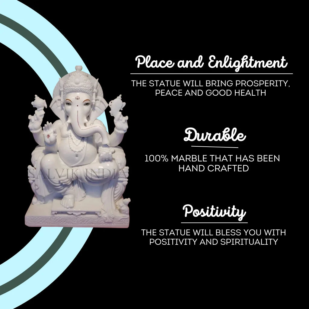 White Makrana Marble Ganesh Statue – 18 Inch Ganpati Idol Sitting on Chowki