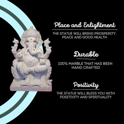 White Makrana Marble Ganesh Statue – 18 Inch Ganpati Idol Sitting on Chowki