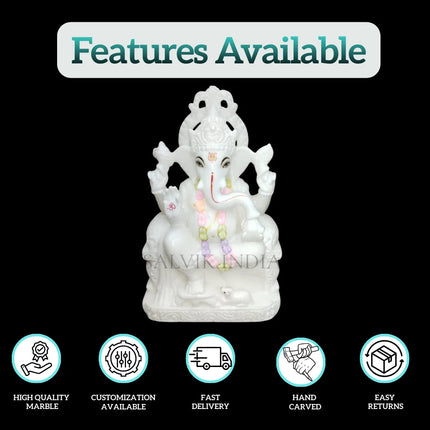 White Ganesh Marble Murti – Handcrafted 1ft Idol for Home & Temple