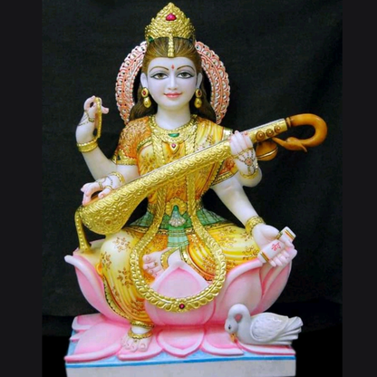 Buy Premium Painted Marble Saraswati Idol with Lotus Base
