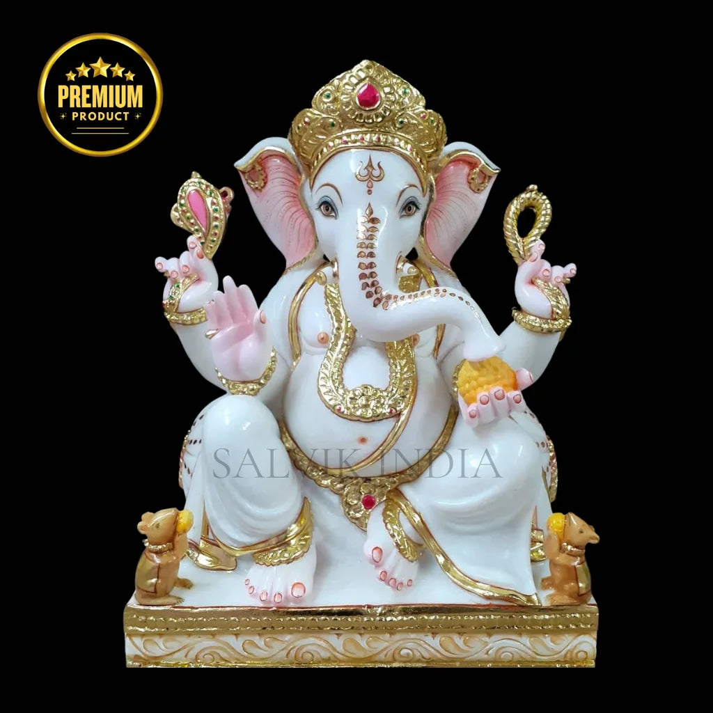 handcrafted 2 Feet Marble Ganesh Statue with intricate Makrana marble carving