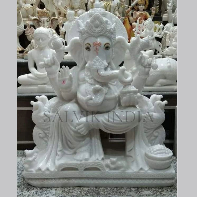 Lord Ganesh Marble Statue – Handcrafted White Marble Ganpati Idol for Home & Temple