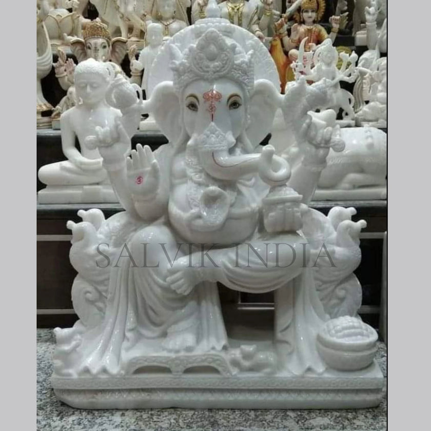 Lord Ganesh Marble Statue – Handcrafted White Marble Ganpati Idol for Home & Temple
