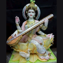 Buy Painted Marble Saraswati Idol Sitting on Lotus