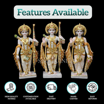 Traditional Makrana Marble Ram Darbar Murti Set with Decorative Painting