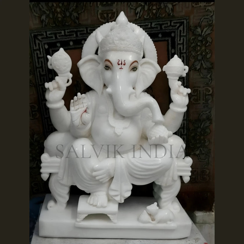 White Marble Ganesh Idol – Pure Makrana Ganpati Murti for Home & Temple