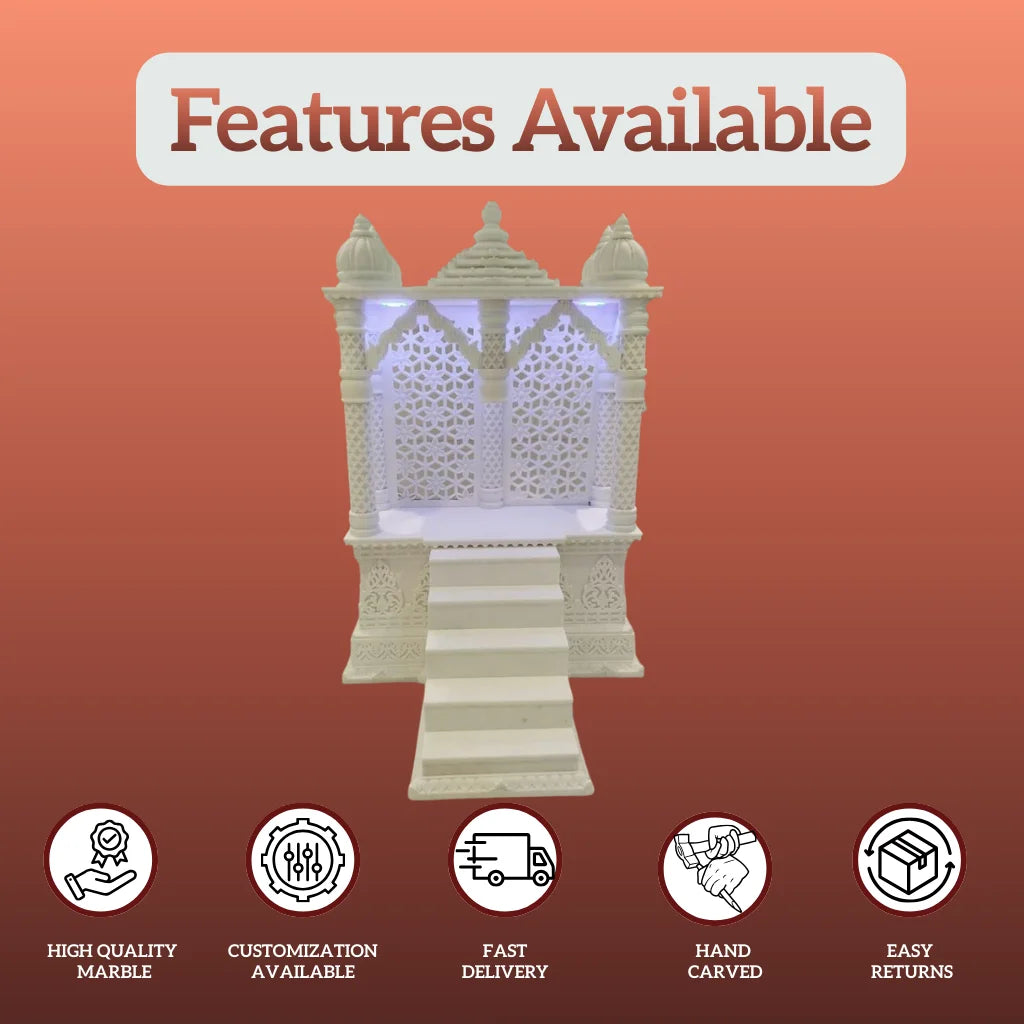 Handcrafted Marble Pooja Mandir with Decorative Stairs Design