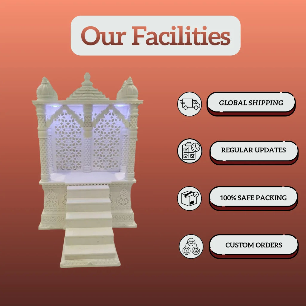Handcrafted Marble Pooja Mandir with Decorative Stairs Design