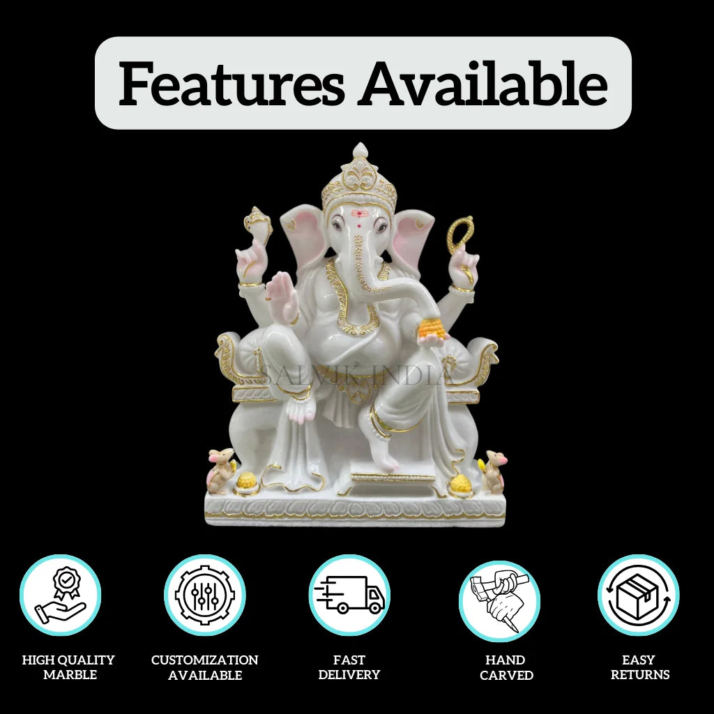 Vinayagar Statue in Marble – Handcrafted White Marble Ganesh Idol for Home & Temple