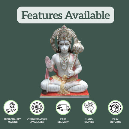 Marble Hanuman Moorti - Handcrafted White Marble Idol for Home & Temple