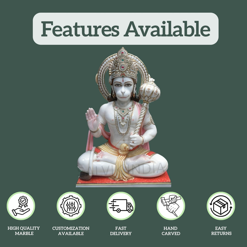 Marble Hanuman Moorti - Handcrafted White Marble Idol for Home & Temple