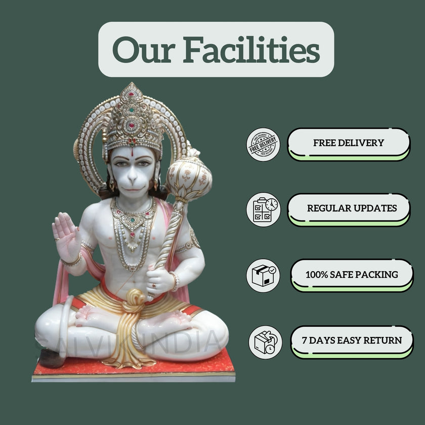 Marble Hanuman Moorti - Handcrafted White Marble Idol for Home & Temple