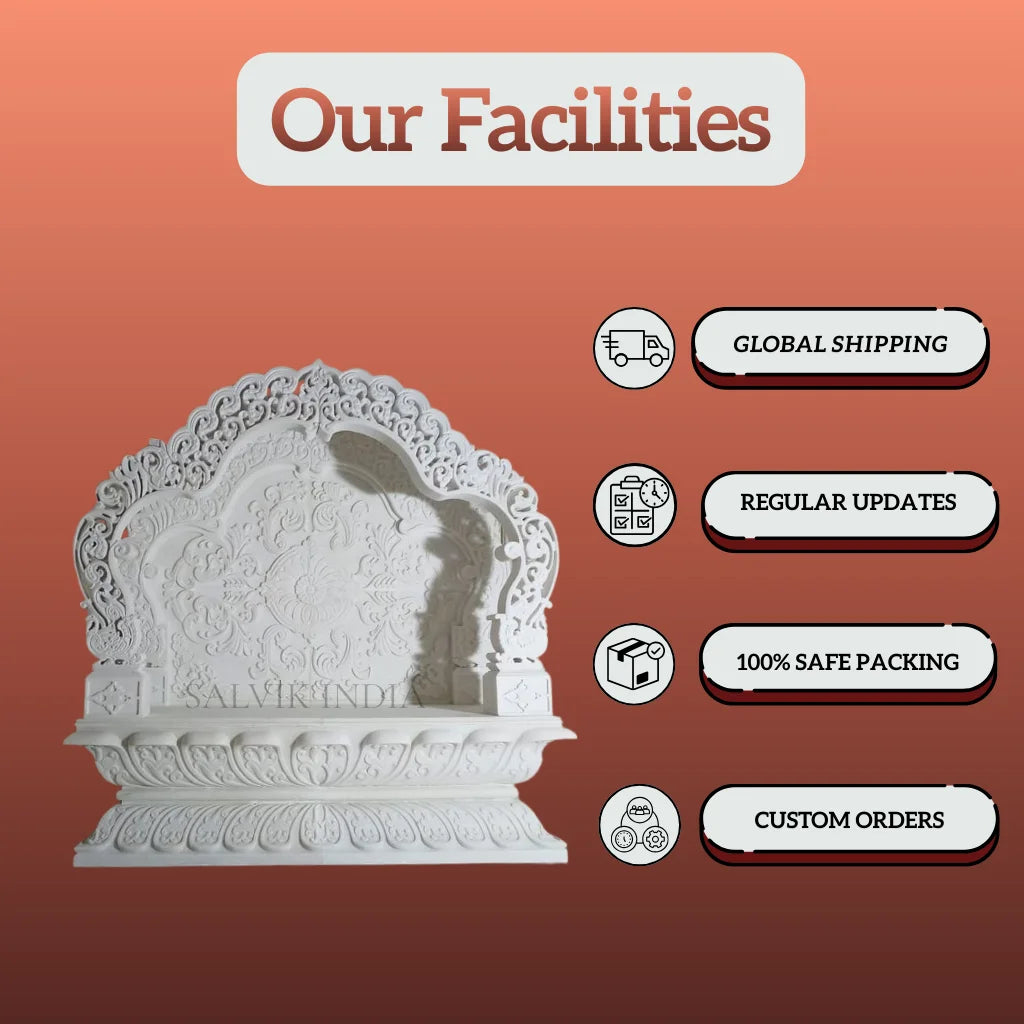 White Marble Mandir Design with Elegant Carving for Home Temple