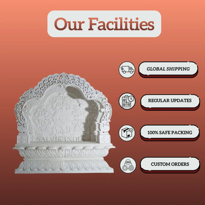 White Marble Mandir Design with Elegant Carving for Home Temple