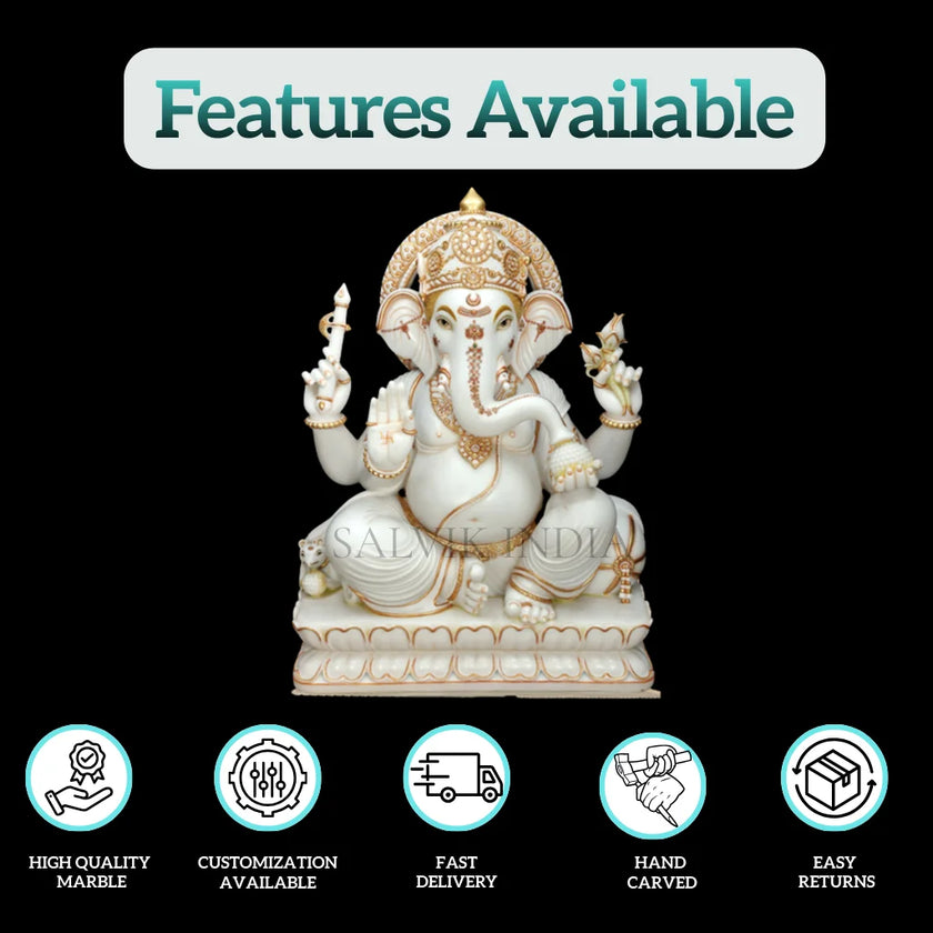 White Makrana Marble Ganesh Murti – 6 Inch Idol for Home & Temple