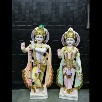 Handcrafted white marble Radha Krishna murti for home temple worship