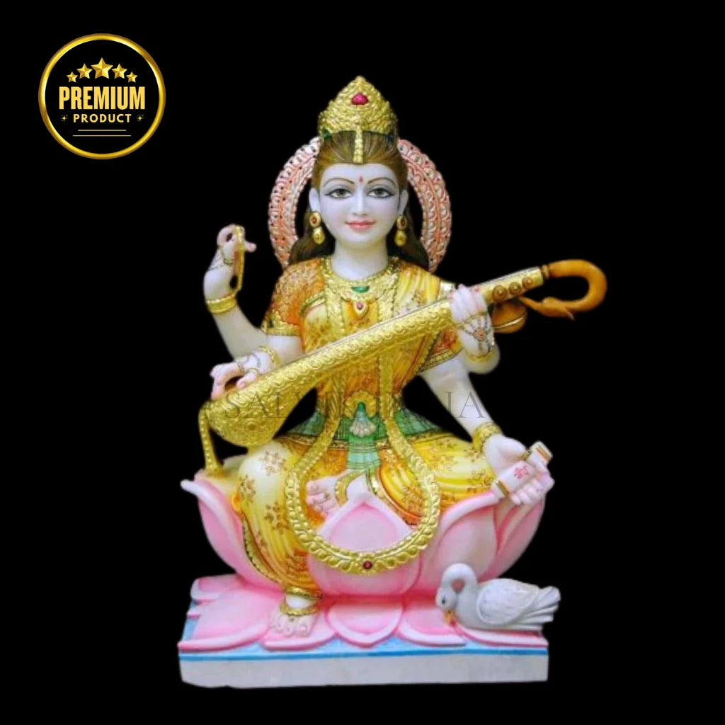Premium painted marble Saraswati idol with lotus base statue