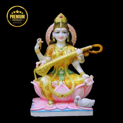 Premium painted marble Saraswati idol with lotus base statue