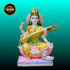 Premium painted marble Saraswati idol with lotus base statue