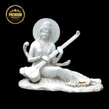 Saraswati Mata marble statue holding Veena