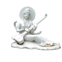 Saraswati Mata marble statue holding Veena