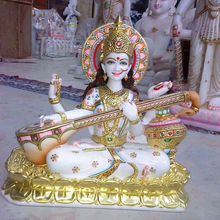 White marble Saraswati Mata murti with Veena and lotus base