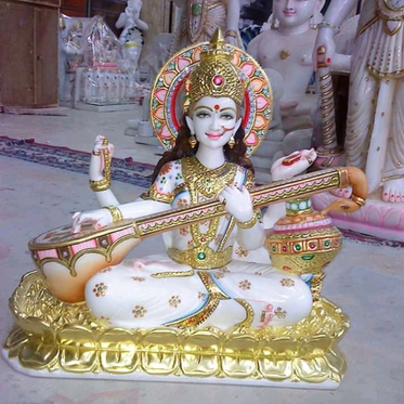 White marble Saraswati Mata murti with Veena and lotus base