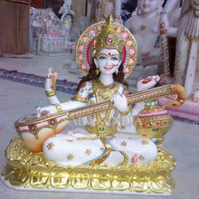 White marble Saraswati Mata murti with Veena and lotus base