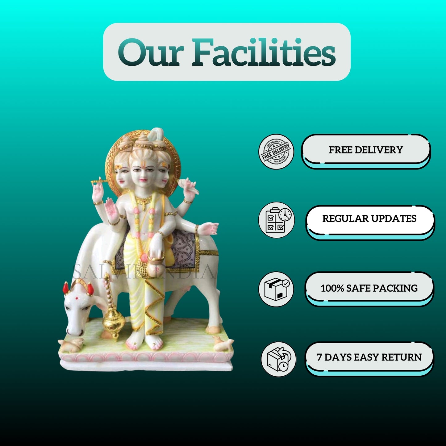 Marble Dattatreya Idol 18 Inch | Handcrafted Makrana Marble Statue