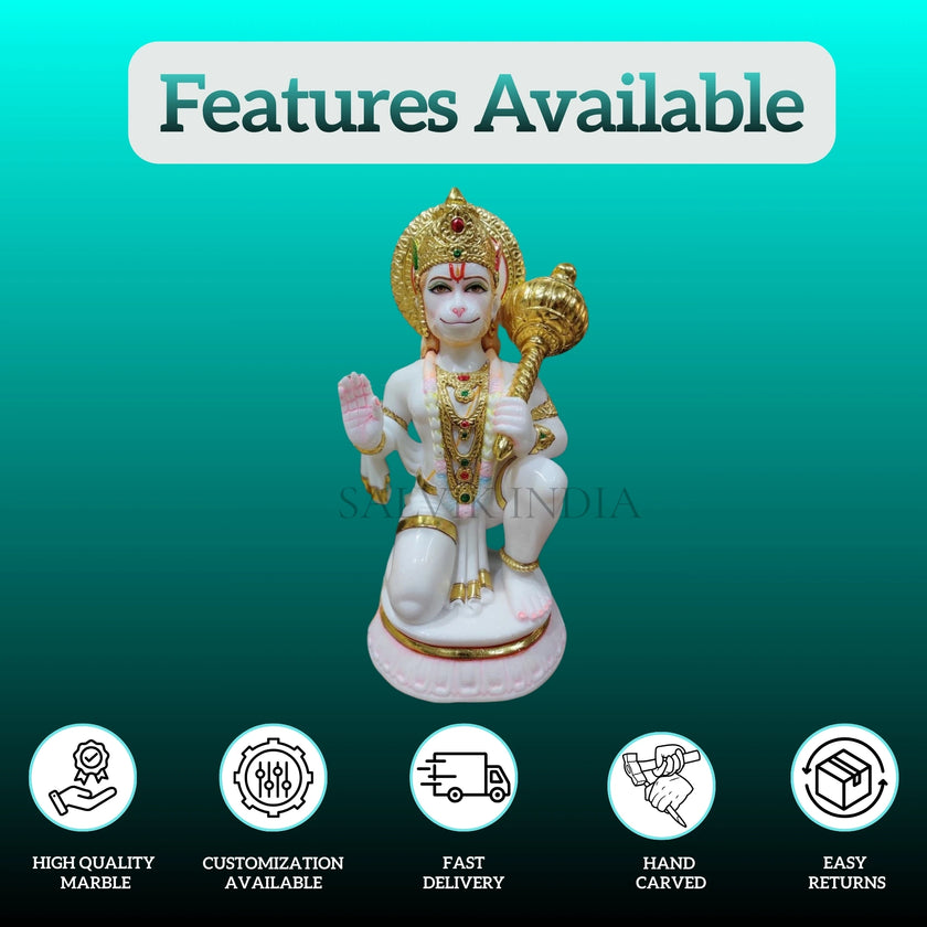 Hanuman Ji Marble Idol in Chowki Blessing Pose with Gada