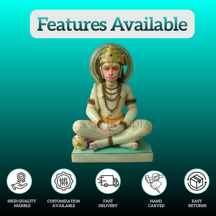 Meditation Pose Hanuman Ji Marble Idol | Peaceful Makrana Marble Sculpture