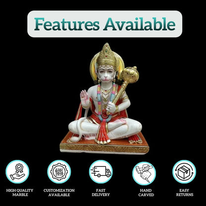 Buy Sitting Hanuman Ji Idol on Chowki with Gada | Traditional Hand-Painted Marble Sculpture