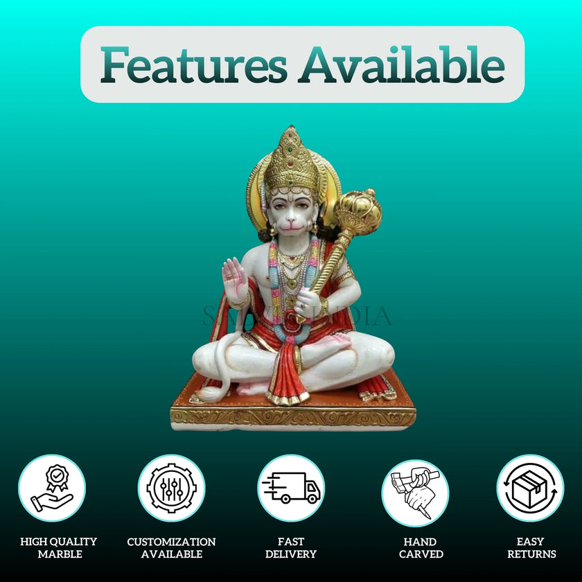 Buy Sitting Hanuman Ji Idol on Chowki with Gada | Traditional Hand-Painted Marble Sculpture