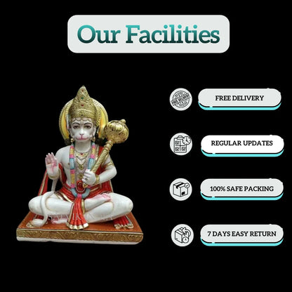 Buy Sitting Hanuman Ji Idol on Chowki with Gada | Traditional Hand-Painted Marble Sculpture