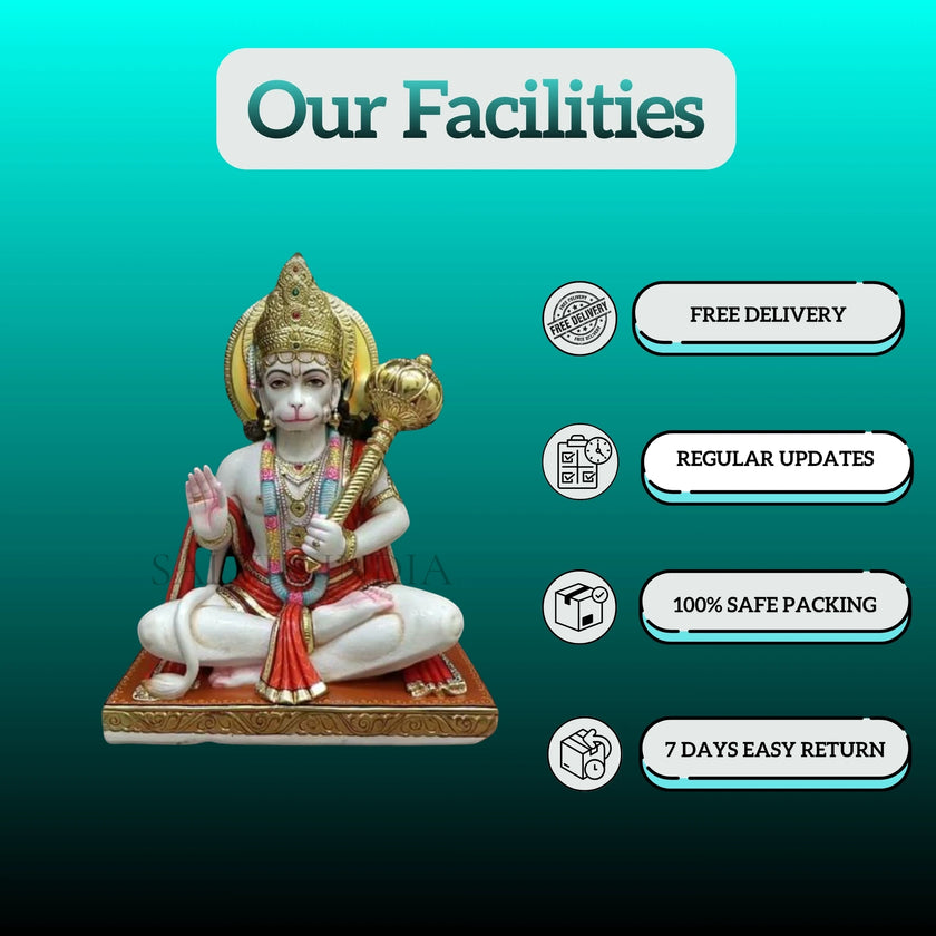 Buy Sitting Hanuman Ji Idol on Chowki with Gada | Traditional Hand-Painted Marble Sculpture