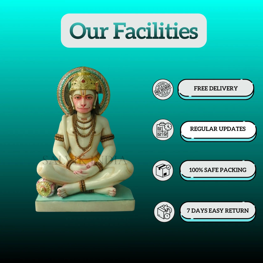 Meditation Pose Hanuman Ji Marble Idol | Peaceful Makrana Marble Sculpture