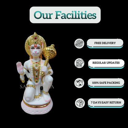 Hanuman Ji Marble Idol in Chowki Blessing Pose with Gada