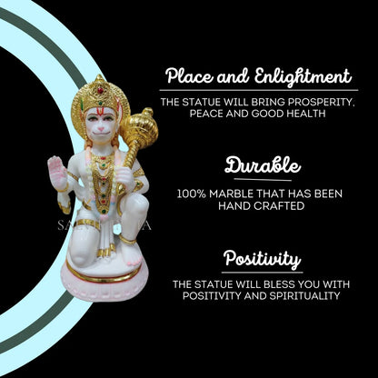 Hanuman Ji Marble Idol in Chowki Blessing Pose with Gada