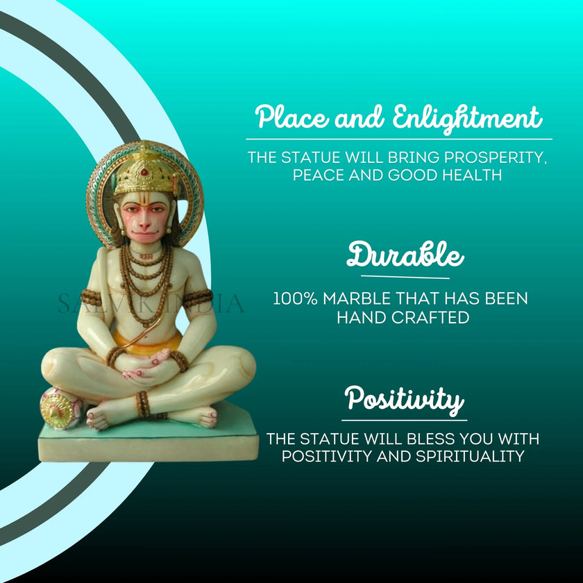 Meditation Pose Hanuman Ji Marble Idol | Peaceful Makrana Marble Sculpture