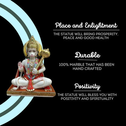Buy Sitting Hanuman Ji Idol on Chowki with Gada | Traditional Hand-Painted Marble Sculpture